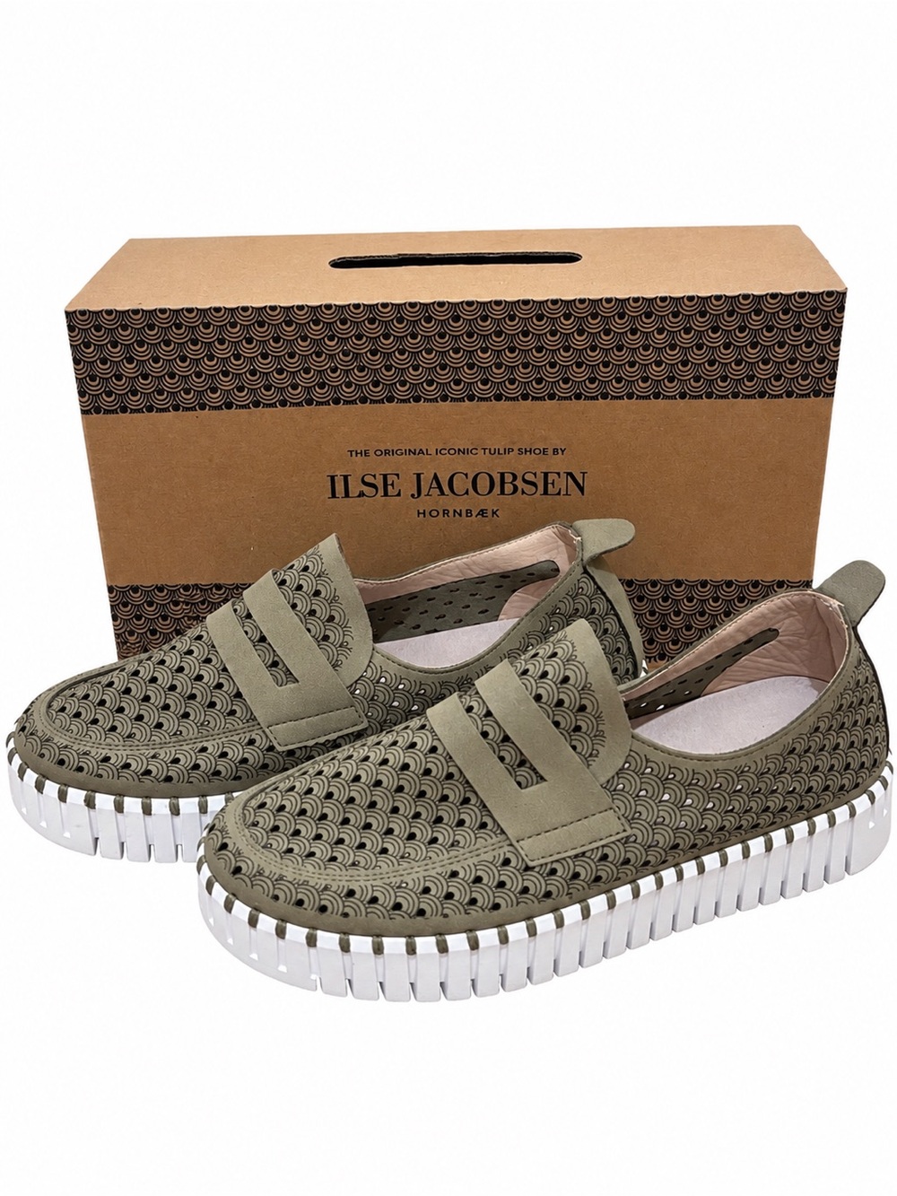 Ilse Jacobsen Tulip3899 Army White Laser Cut Slip On Shoes EU 40 (9 US) NIB